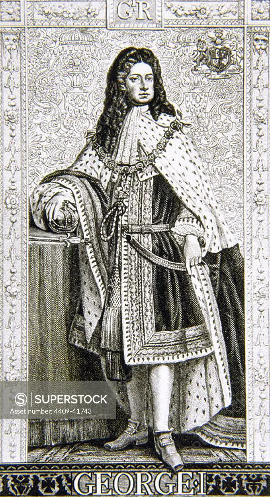 JORGE I (Hannover, 1660-Osnabrück, 1727). Rey de Gran Bretaña e Irlanda (1714-1727) y elector de Hannover (1698-1727). Hijo de Ernesto Augusto, primer elector de Hannover, y de Sofía. Grabado.