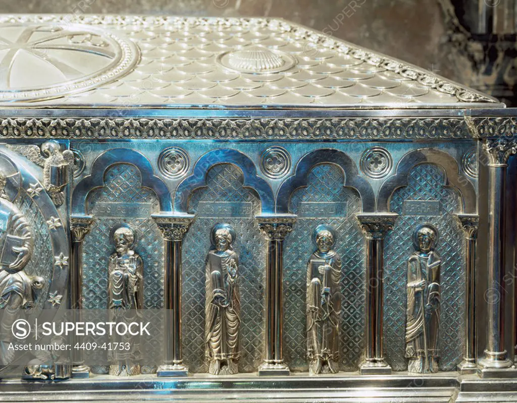 Spain. Galicia. Santiago de Compostela. Cathedral. The silver coffer holding the remains of St. James. Crypt. Built in 19th century. Detail evangelists.