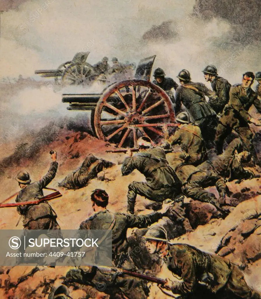 World War I (1914-1918). " THE ITALIAN ARTILLERY IN BATTLE OF PIAVE ". Fight between the Italian and Austro-German troops in the course of the river Piave, the Italian front. Colored drawing in " La Domenica del Corriere " (1917).