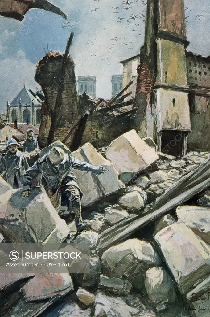 World War I (1914-1918). French soldiers walking among the ruins of the city of Verdun. February 1917. By Francois Flameng (1856-1923).