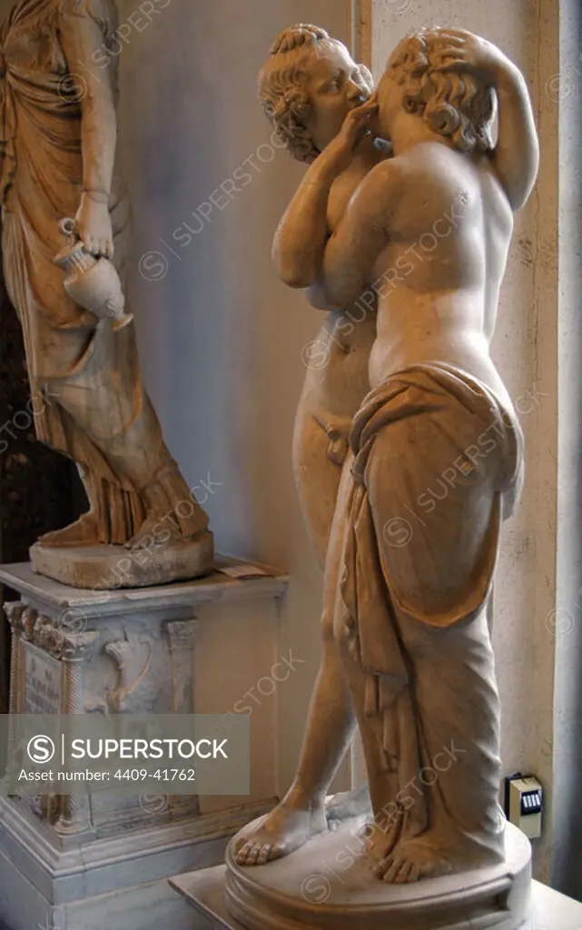 Roman Art. Statue of Cupid and Psyche. Roman copy of a late Hellenistic original of the 2nd century B. C. Marble. Capitoline Museums. Rome. Italy.