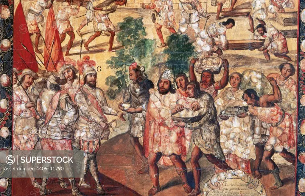 Conquest of Mexico (1519). Detail of Hernan Cortes (1485-1547) entering Cempoal and receiving chief Gordo Quauhtlaebana who gives meat and presents to all the Spaniards. Table conching Miguel Gonza´lez (1698). Detail. Museum of America. Madrid. Spain.