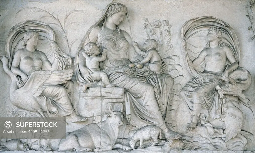 Roman Art. Italy. Ara Pacis Augustae. Tellus panel. Relief depicting Tellus nursing Romulus and Remus. Dated 13 BC. Champ de Mars. Rome.