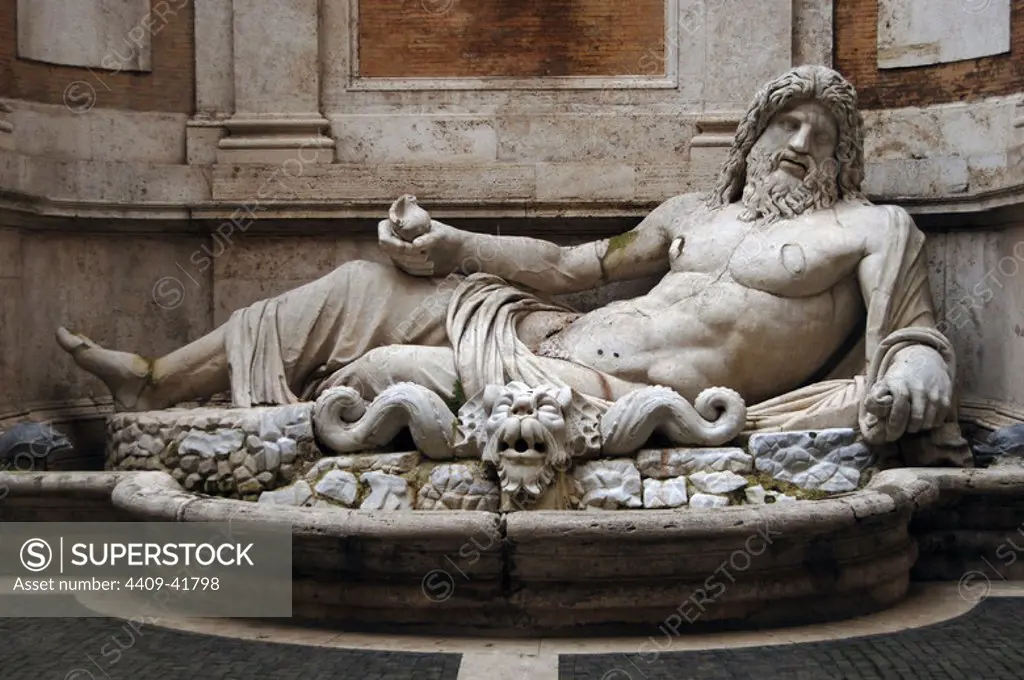 Roman Art. Marphurius or Marforio. One of the talking statues of Rome. 1st century A.D. Marble sculpture depicting a reclining bearded river god or Oceanus. Capitoline Museums. Rome. Italy.