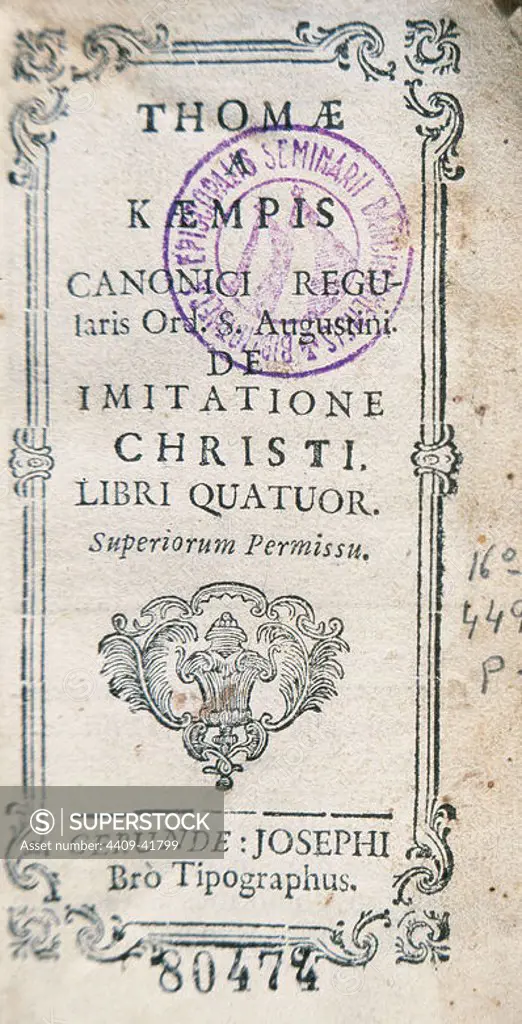 Thomas a Kempis (1380 Ð 1471), canon regular of the late medieval period. The Imitation of Christ "De Imitatione Christi", a Christian devotional book. Cover. Edition of 1767, Girona.