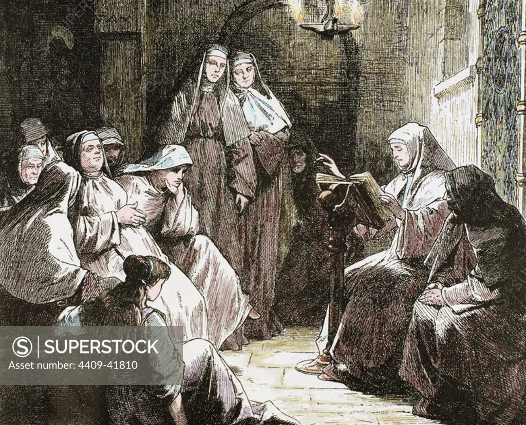 Cloistered nuns. Gospel reading. 19th-century colored engraving.