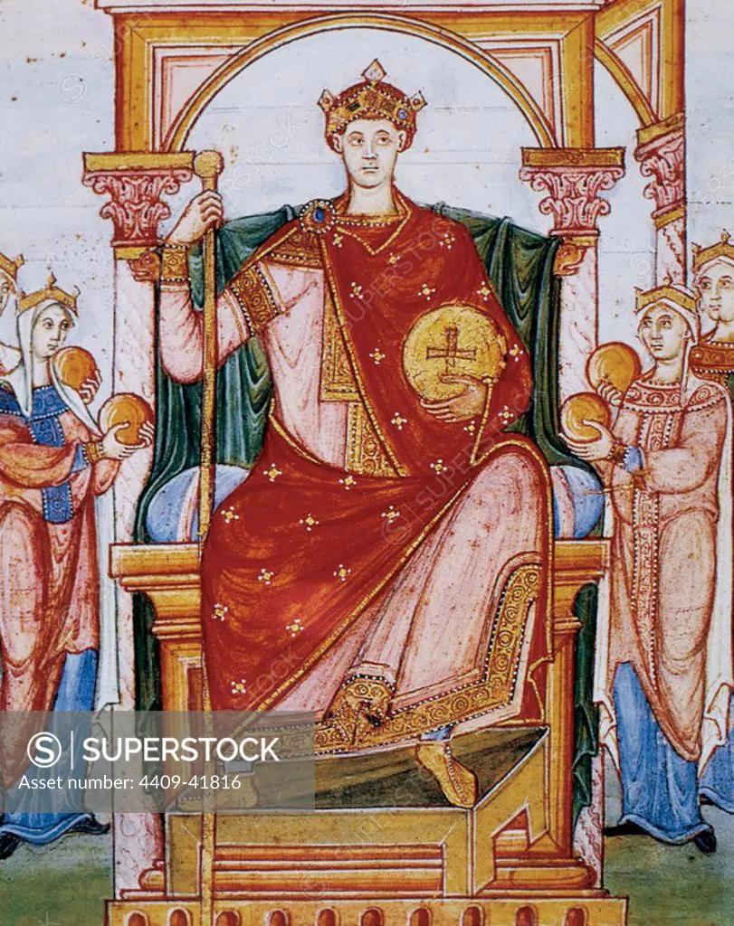 Otto II (c. 955-983)., called the Red. King of Germania (961) and emperor (973-983). The emperor received the homage of four nations: Germania, Gaul, Italy and Illyria. Miniature from 'Livre des Evangiles ".