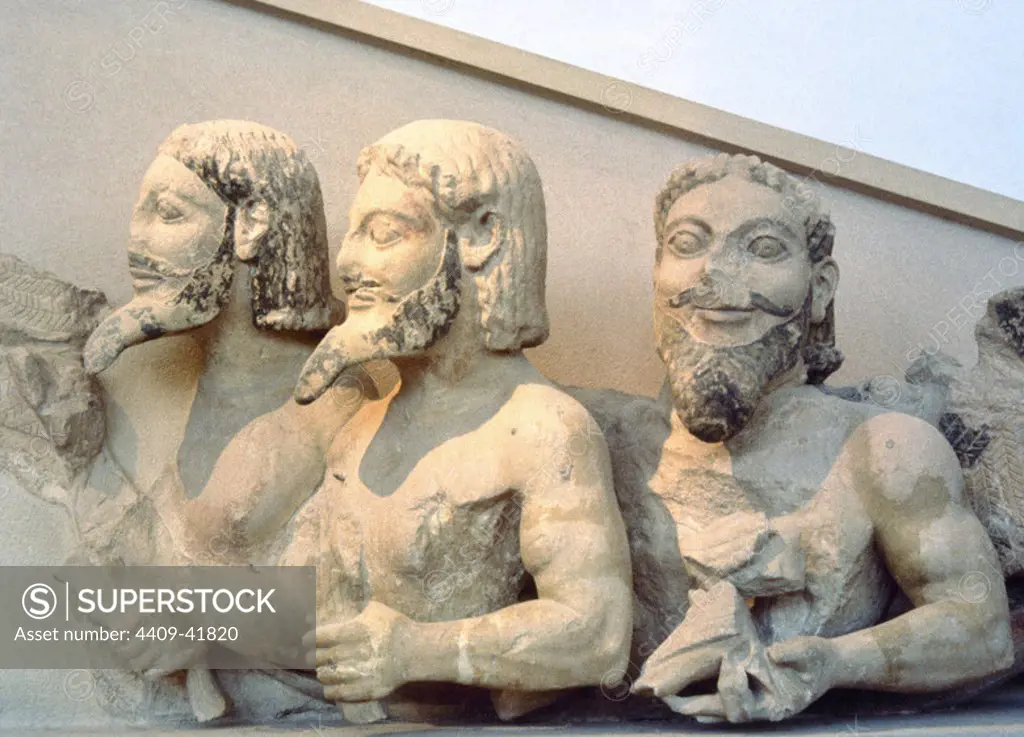 Triple-bodied Monster, know as Bluebeard. Pediment of the Hekatompedon of the Acropolis. 6th century BC. Acropolis Museum. Athens. Greece.