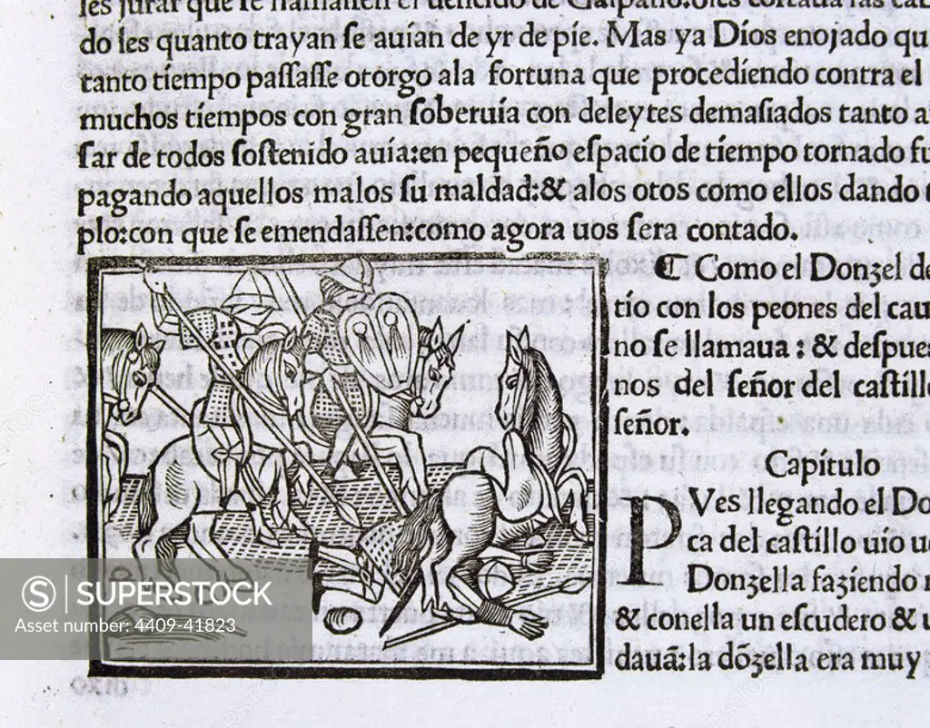 AMADIS DE GAULA, LOS CUATRO LIBROS DEL ESFORZADO CABALLERO. Libro de caballerías, el más difundido en la Europa del s. XVI. Detalle de una de las ilustraciones de la edición de 1533.