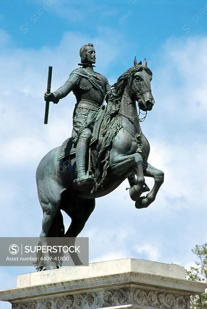 Philip IV of Spain (1605-1665). King of Spain and Portugal. Monument of Philip IV. Equestrian statue by the Italian sculptor Pietro Tacca (1577-1640). Oriente Square. Madrid. Spain.