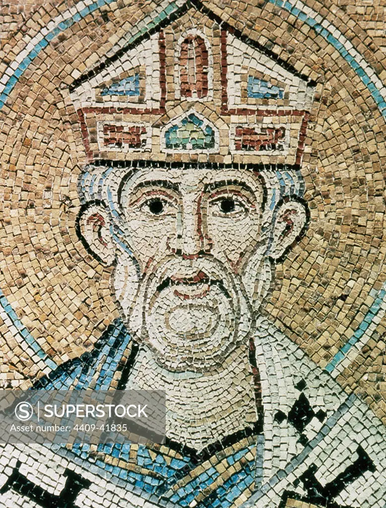 BYZANTINE ART. Pope Sylvester I (314-335). Mosaic in the Baptistery of St. Mark's Basilica, dating between XII-XIV centuries. Venice. Italy.