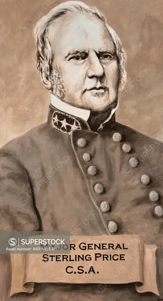 Sterling Price (1809-1867). American politician and general of the Confederation. Portrait of Price in a mural alluding to the American Civil War, by Don Gray (b.1948). Series of murals depicting historical scenes of both local and national themes. Cuba, State of Missouri, United States. Author: Don Gray (b.1948). American artist.