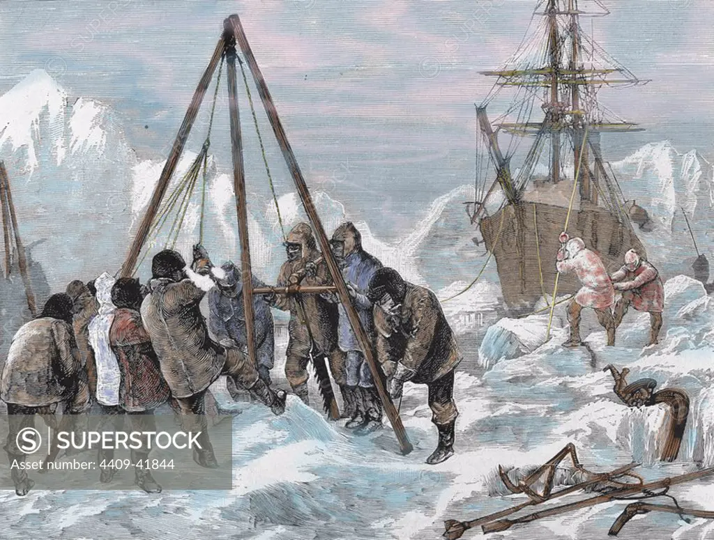 Nares, Sir George Strong (1831-1915). British naval officer and Arctic explorer. The crew of "Discovery Alert" cutting ice for the free navigation of the ship. Nineteenth-century colored engraving.