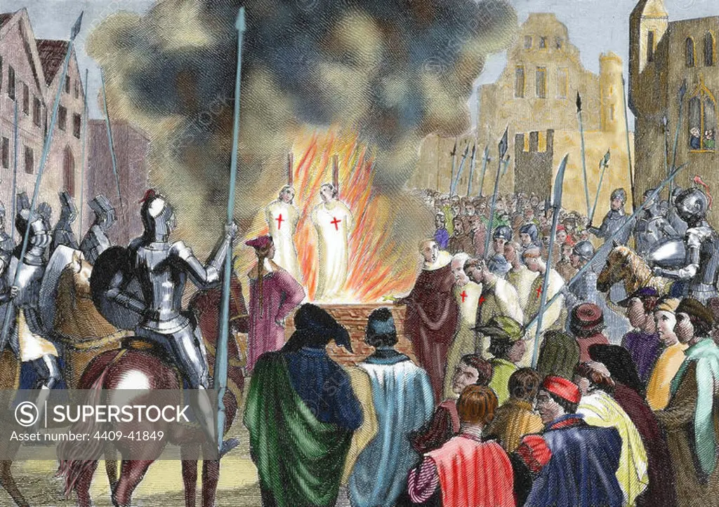 Burning Templar in the 14th century. Colored engraving of 1851.