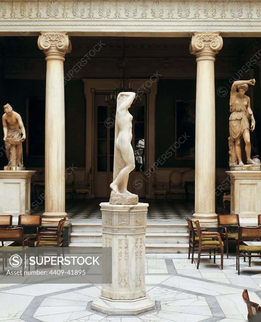 Spain. Royal Casino of Murcia. 19th century. Pompeian courtyard. Neoclassical. At the center, statue of Venus by Jose Planes (1891-1974).
