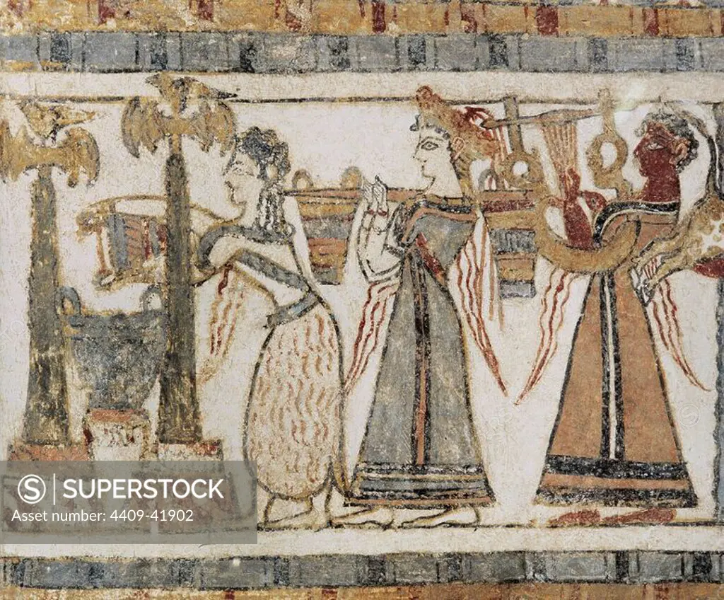 Minoan Art. Crete. The Hagia Triada Sarcophagus. Painted with scenes from Cretan life. Ritual. Bull sacrifice. Woman wearing a crown is carrying two vessels. A man playing a seven string lyre. C.1600 BC-1380 BC. Heraklion Archaeological Museum.