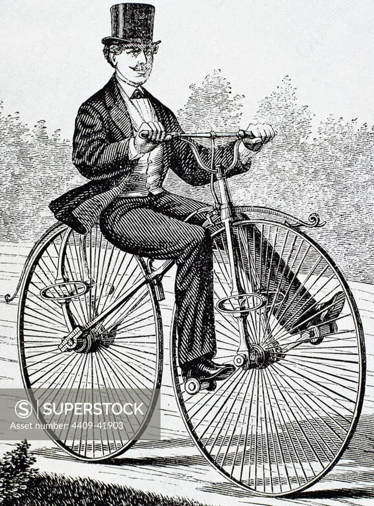 Old bicycle. USA. XIX century engraving.