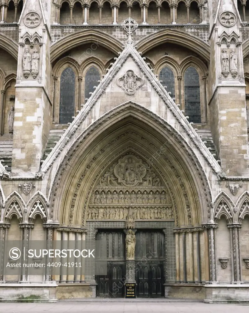 United Kingdom. London. The Collegiate Church of St Peter at Westminster, popularly known as Westminster Abbey. It is the traditional place of coronation and burial site for English, later British and later still (and currently) monarchs of the Commonwealth realms. North Entrance. Gothic style.