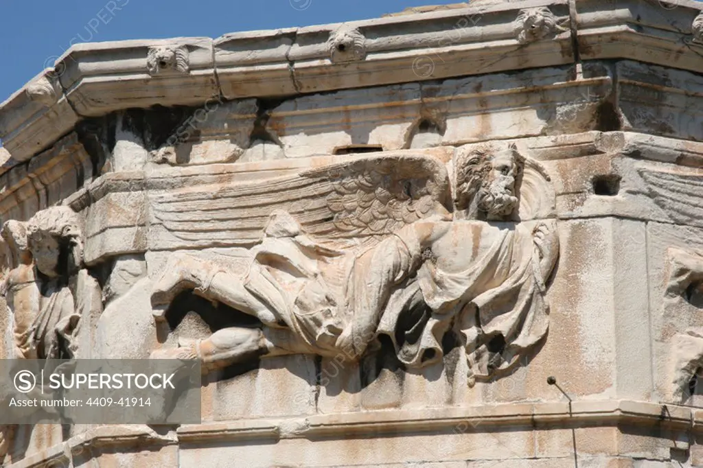 Roman Art. Tower of the Winds (Horologion). Octogonal pentelic marble clocktower on the Roman Agora. I was supposedly built by Andronicus of Cyrrhus Around 50 BC. Frieze showing the wind gods. (NE). Eurus. Athens. Central Greece. Attica. Europe.