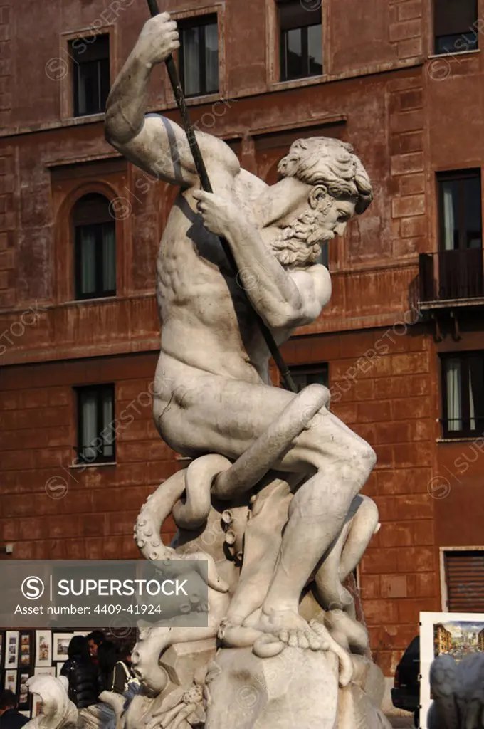 Italy. Rome. Fountain of Neptune, 1574, designed by Giacomo della Porta (1532-1602). Detail of Neptune struggling with an octopus, by Antonio della Bitta (1807-), 1878. Navona Square.