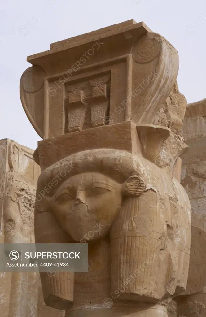 Hathor column pillar belonging to the Chapel of Hathor. Temple of Hatshepsut. Temple of Deir el-Bahari. Eighteenth Dynasty. New Kingdom.