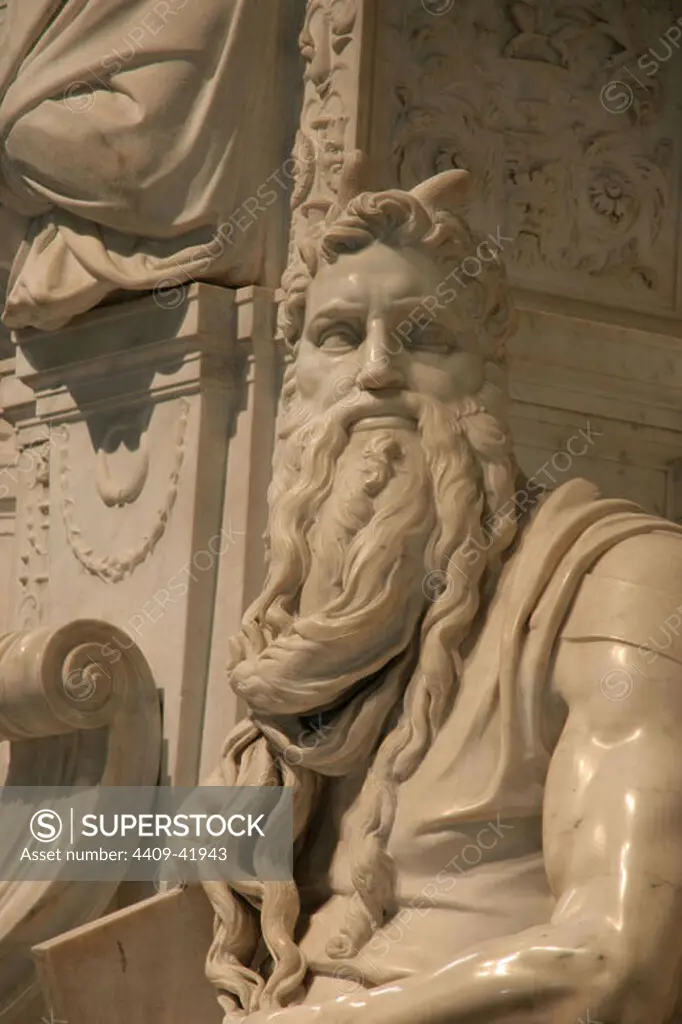Moses. Marble sculpture by Michelangelo Buonarroti (1513-1515). Tomb of Pope Julius II. Church of Saint Pietro in Vincoli. Rome. Italy.