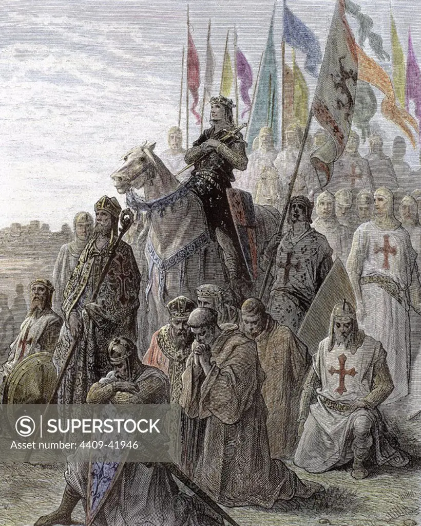 Richard I of England , known as Richard the Lionheart (1157-1199). King of England (1189-1199). Crusader forces praying before going into battle. Gustave Dore engraving.