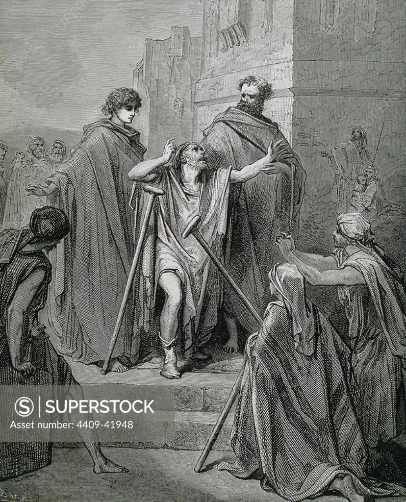 Saint. Peter (c. 1 B.C.-67 A.C). Apostle of Jesus Christ and first Pope of the Catholic Church. Saint Peter and Saint John healing a lame. (Acts of the Apostles, Cap.III, verses 1 through 8). Drawing by Dore.