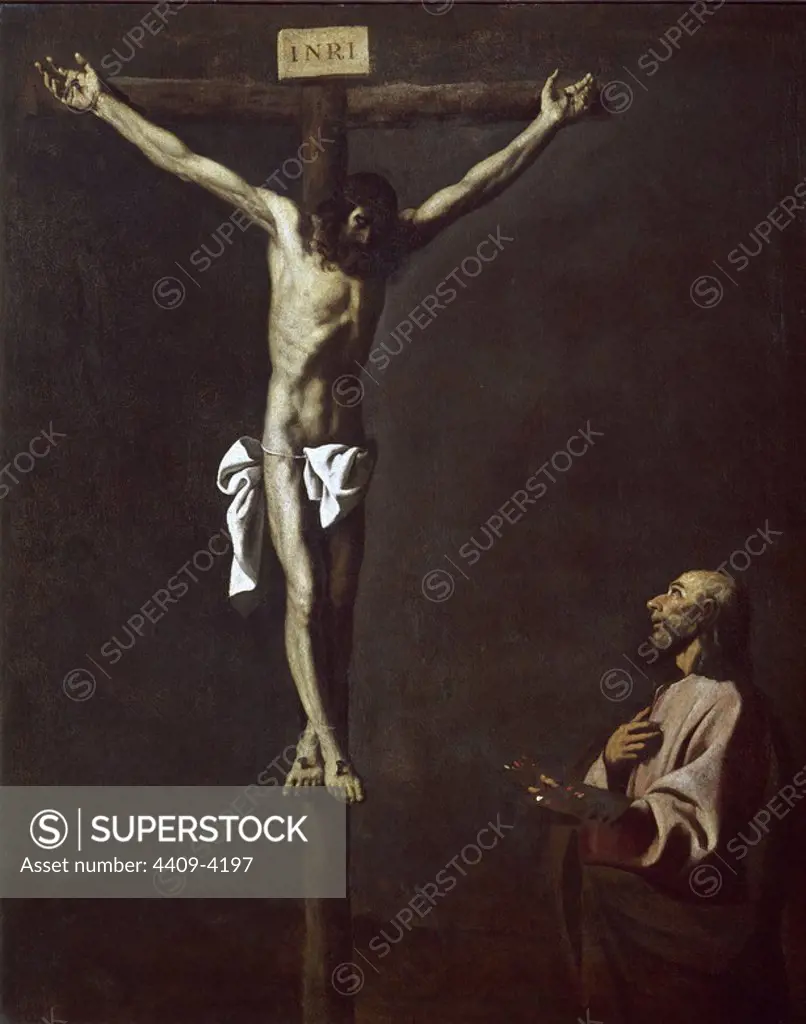 'Saint Luke as a painter, before Christ on the Cross', 1650, Spanish Baroque, Oil on canvas, 105 cm x 84 cm, P02594. Author: FRANCISCO DE ZURBARAN. Location: MUSEO DEL PRADO-PINTURA. MADRID. SPAIN. JESUS. CRISTO CRUCIFICADO. SAN LUCAS EVANGELISTA.