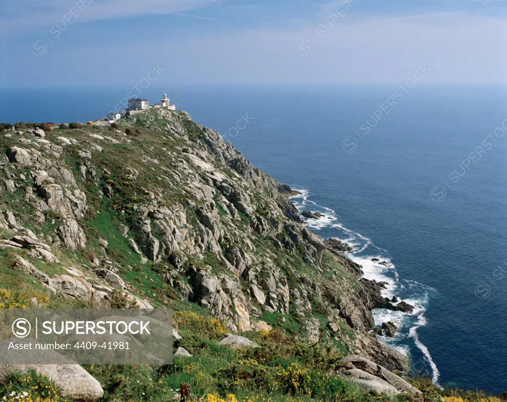 Spain. Cape Finisterre. Rock-bound peninsula on the west of Galicia. Lighthouse. Coast of Death. Atlantic Ocean.