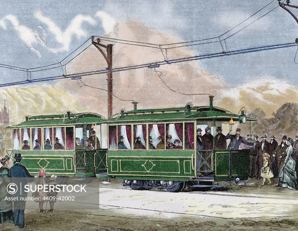Electric streetcar. Nineteenth-century colored engraving.