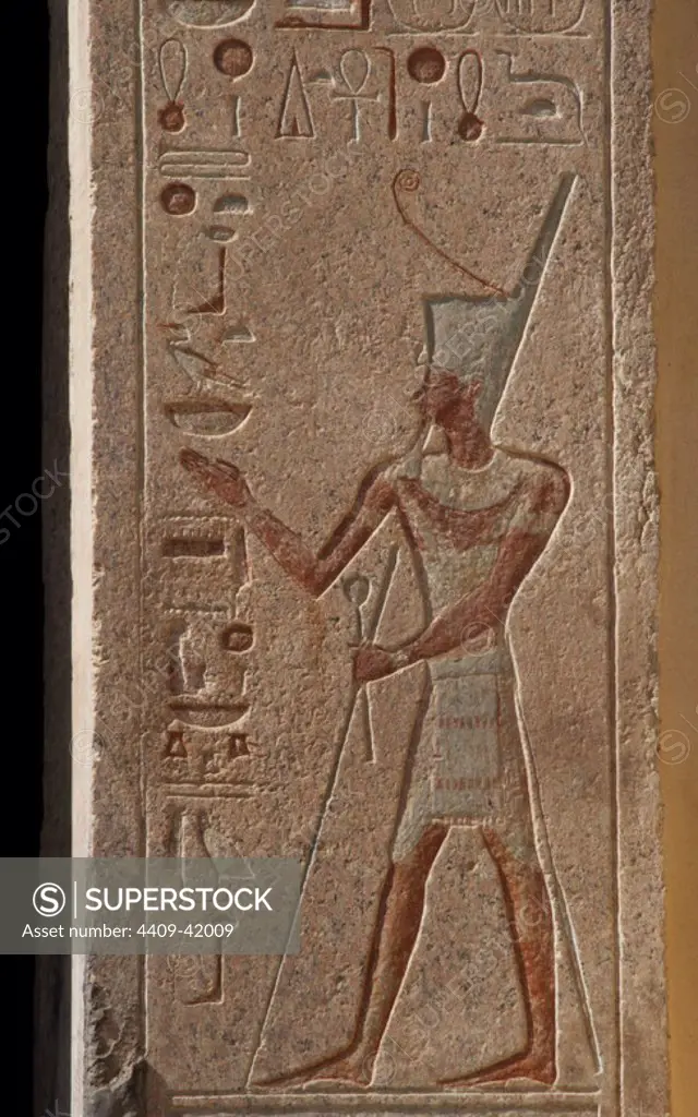 Relief depicting Hatshepsut and hieroglyph on the walls. Temple of Hatshepsut. Egypt. 18th Dynasty. New Kingdom. Deir el-Bahari. Egypt.