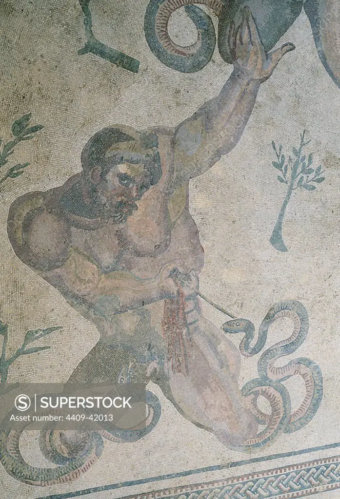 Imperial Roman Period. Villa Romana del Casale. Battle of the Titans. Giants mosaic. A group of serpent-footed Giants killed by the arrows of the gods. Detail. C. 320 A.D. UNESCO World Heritage Site. Piazza Armerina. Sicily. Italy.