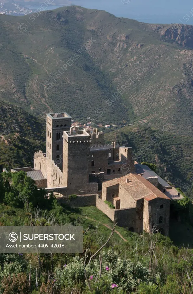 Monastery of Sant Pere de Roda (St Peter of Roses). Founded around the year 900. Benedictine monastery. The present building is dated 11th century. Panoramic view.Cap de Creus. Alt Emporda region. Girona province. Catalonia. Spain. Europe.
