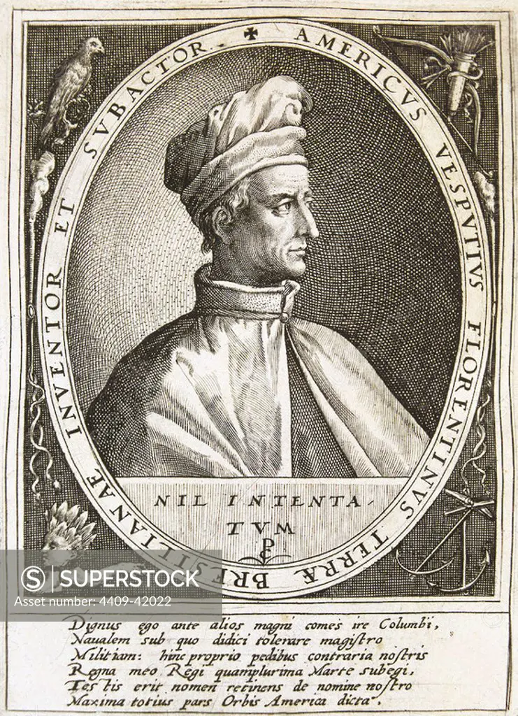 Amerigo Vespucci (1451-1512). Italian navigator, explorer and cartographer. Engraving. National Library. Madrid. Spain.