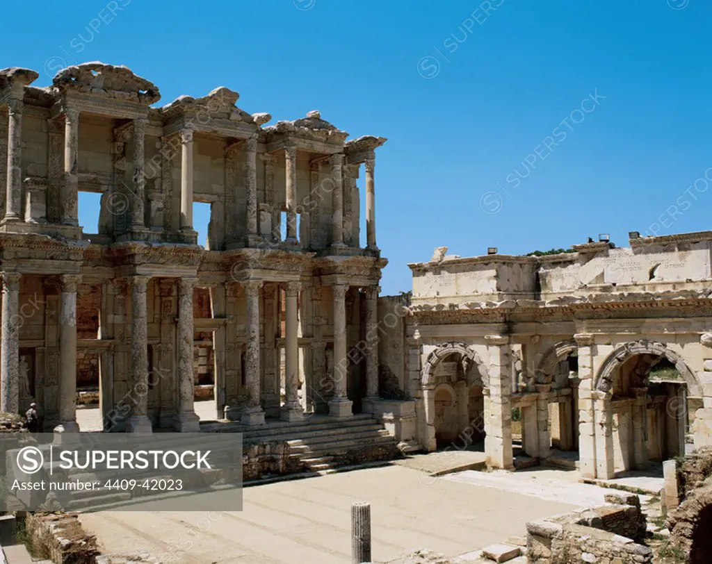 Turkey. Asia Minor. Ephesus. Facade of Celsus Library. Was built in 117 A.D. Momumental tomb for Gaius Julius Celsus Polemaeanus, the governor of the provincie of Asia. At the right, The Gate of Mazeus and Mythridates, was built in 40 A.D. Near Selcuk.
