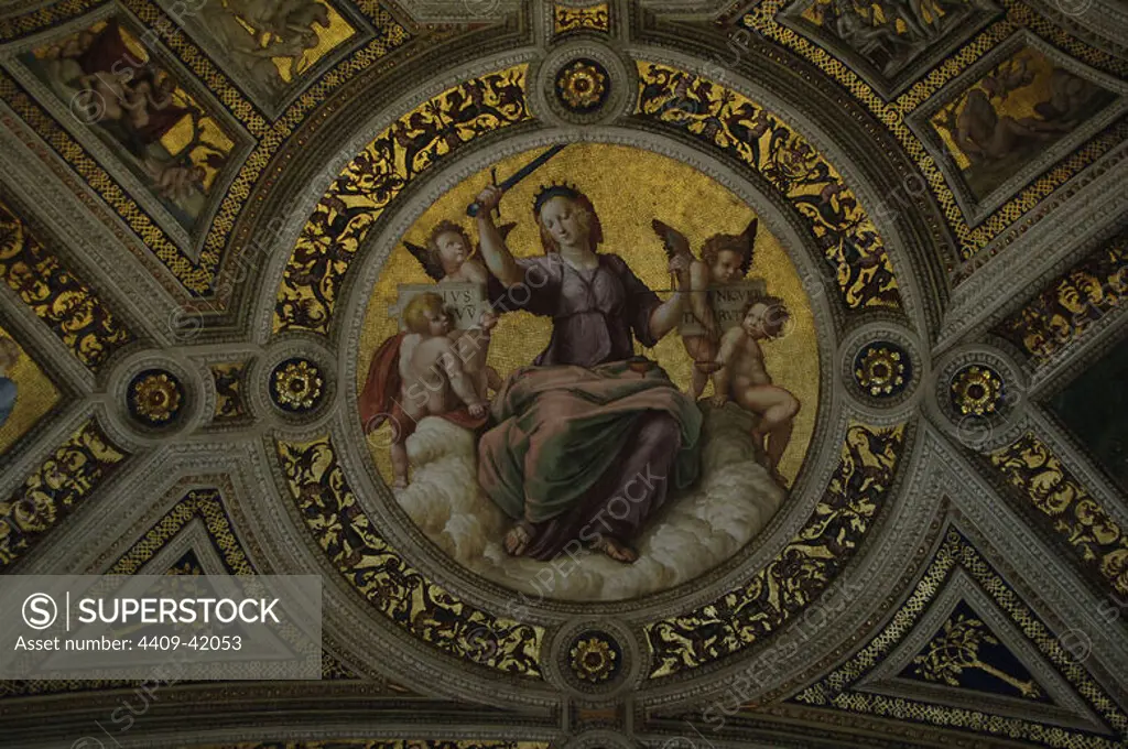 Raphael (1483-1520). Italian painter and architect. High Renaissance. The Allegory of Justice with sword and scales. Raphael's Rooms. Medallion that decorates the Signature Room. Vatican Museums. Vatican City.