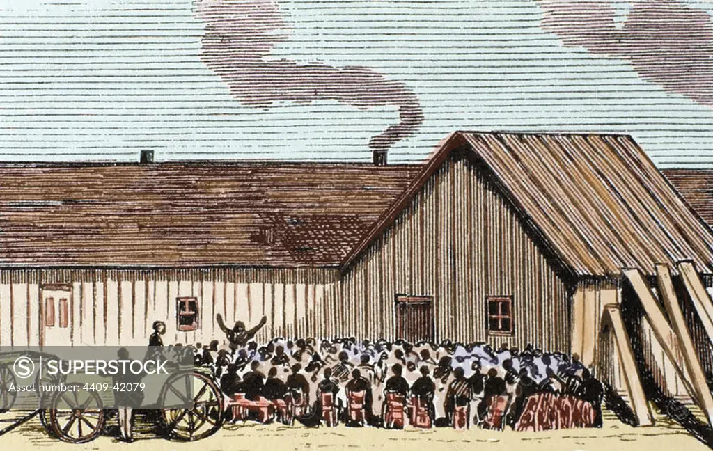 United States. Kansas. Mennonite religious service outside the hut. Colored engraving of the newspaper "Frank Leslie's" "(1875).