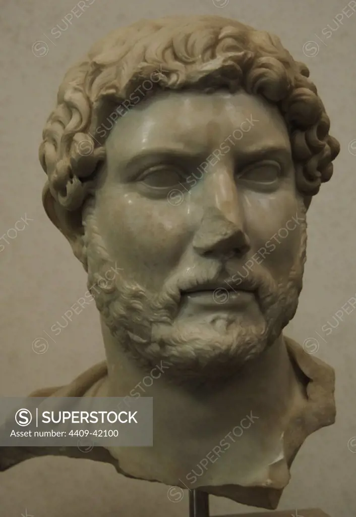 Hadrian (76-138). Roman emperor. Bust. 2nd century. Found in S. Bibiana area (Rome). Roman National Museum. Palazzo Massimo. Rome. Italy.