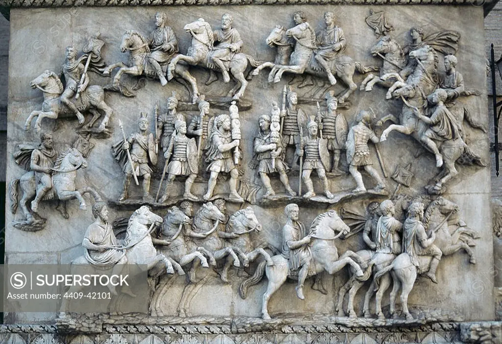 Antoninus Pius (86-161). Roman Emperor (138-161). Also known as Antoninus. 2nd. century. Apotheosis of the emperor. Relief at the base of the column of Antoninus Pius. Vatican Museums. Vatican City.