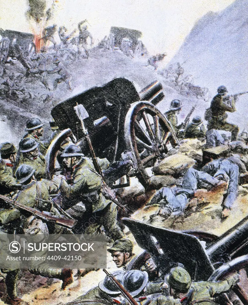 WORLD WAR (1914-1918). Italian troops against the Austrian artillery. La Domenica del Corriere (1917).