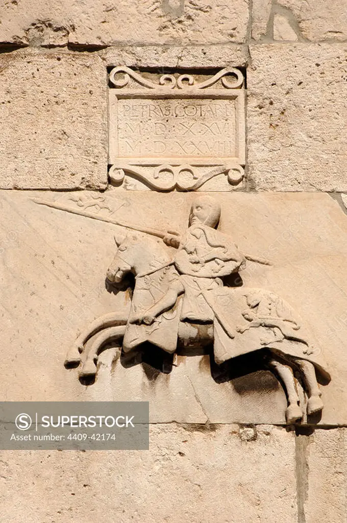 Knight with shield and spear. Detail of the facade of the City of Pula. Croatia.