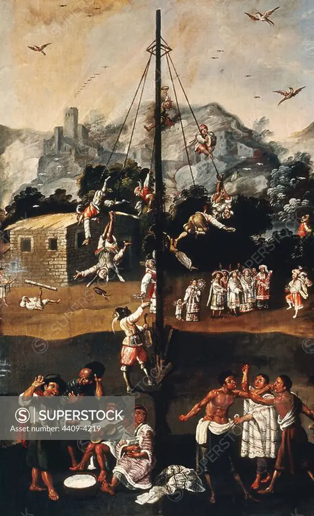 The flying mast - Mexican folding screen. El Palo Volador. 17th century. Detail in the center of the picture. Set n°3483. Museum of America of Madrid. Location: MUSEO DE AMERICA-COLECCION. MADRID. SPAIN.