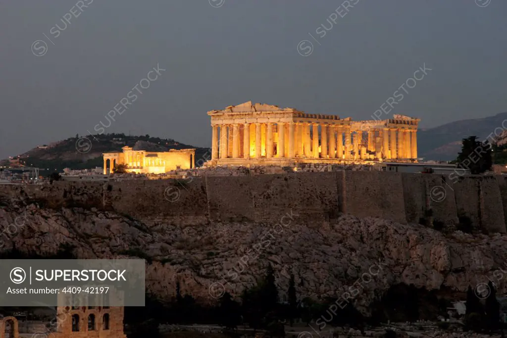 Athens. Panoramic view of the Acropolis at night. Attica. Central Greece.