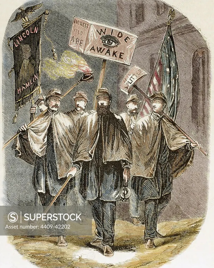 United States. Supporters of Abraham Lincoln, candidate of the Republican Party. Colored engraving from "L'Illustration.