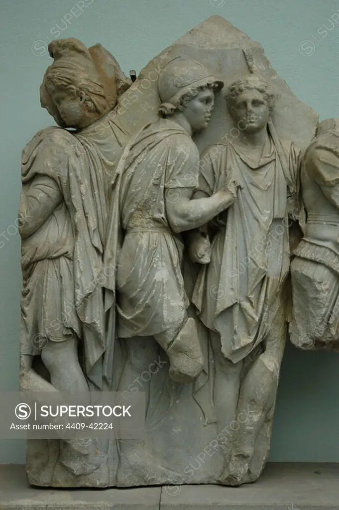 Pergamon Altar. 164-156 BC. Telephos Frieze. Detail. Telephos receiving weapons from Auge. Pergamon Museum. Berlin. Germany.