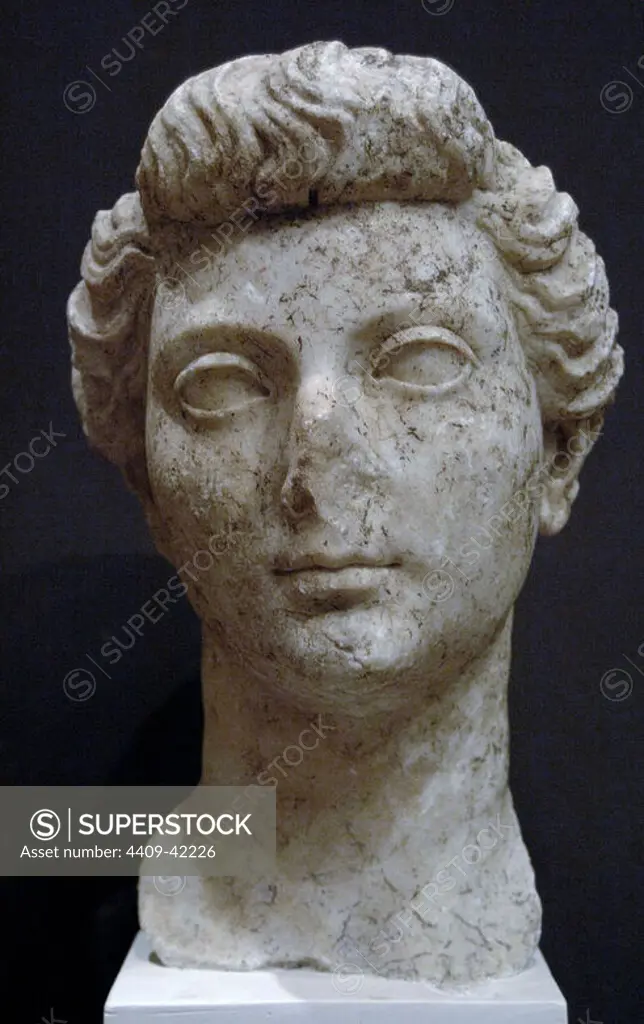 Bust of Empress Livia, wife of Augustus. Found during the excavations Butrint theater in 1928. Dated in the last quarter of I century b.C. Ruins of Butrint Museum. Republic of Albania.