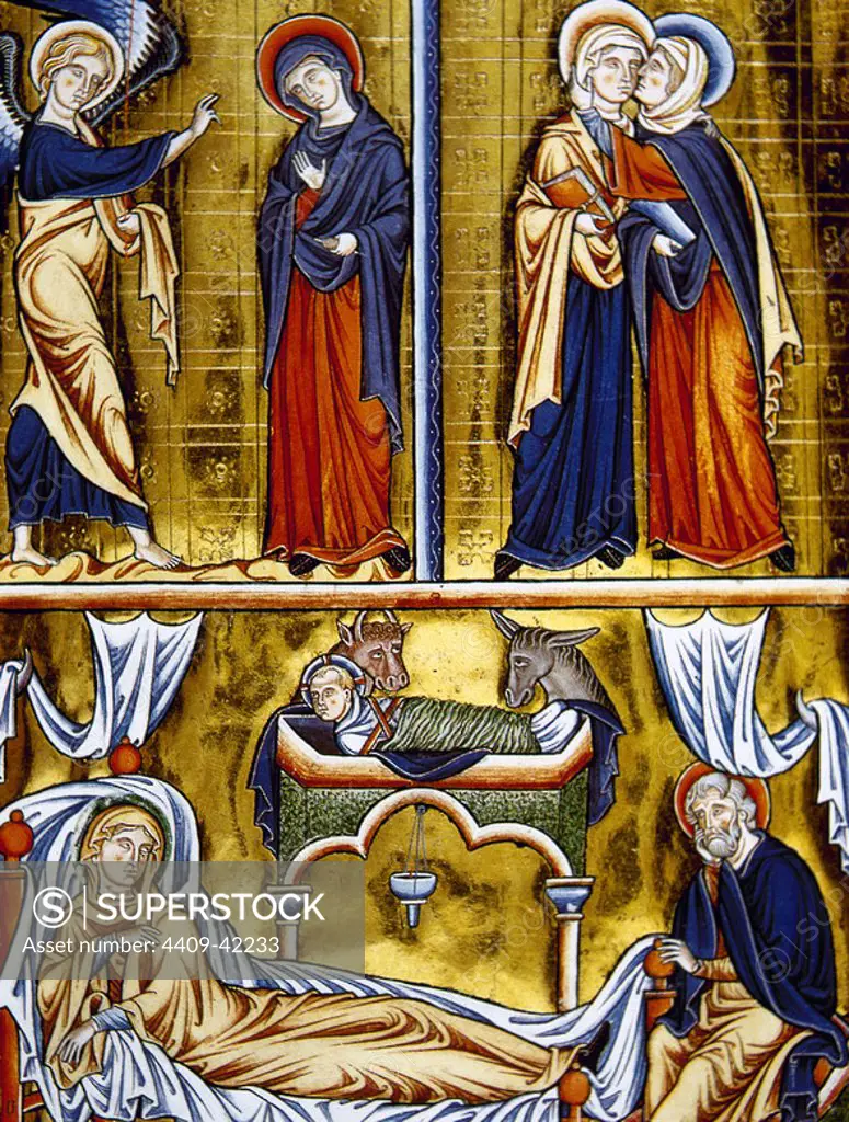 New Testament. At the top, the Annunciation and the Visitation. At the bottom, the Birth of Christ. Miniature. Chantilly Castle. France.