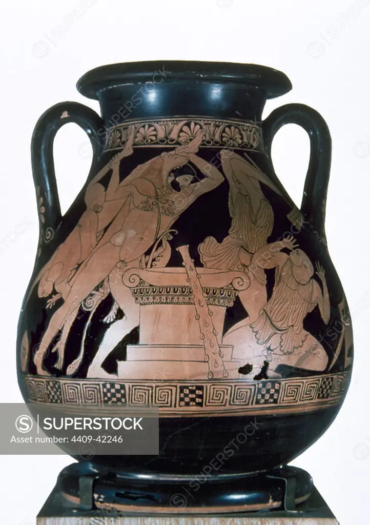 Pelike depicting Heracles killing Busiris and his servants. 480 BC. Red-figure. Found in Thespiae. Archaeological Museum. Athens. Greece.