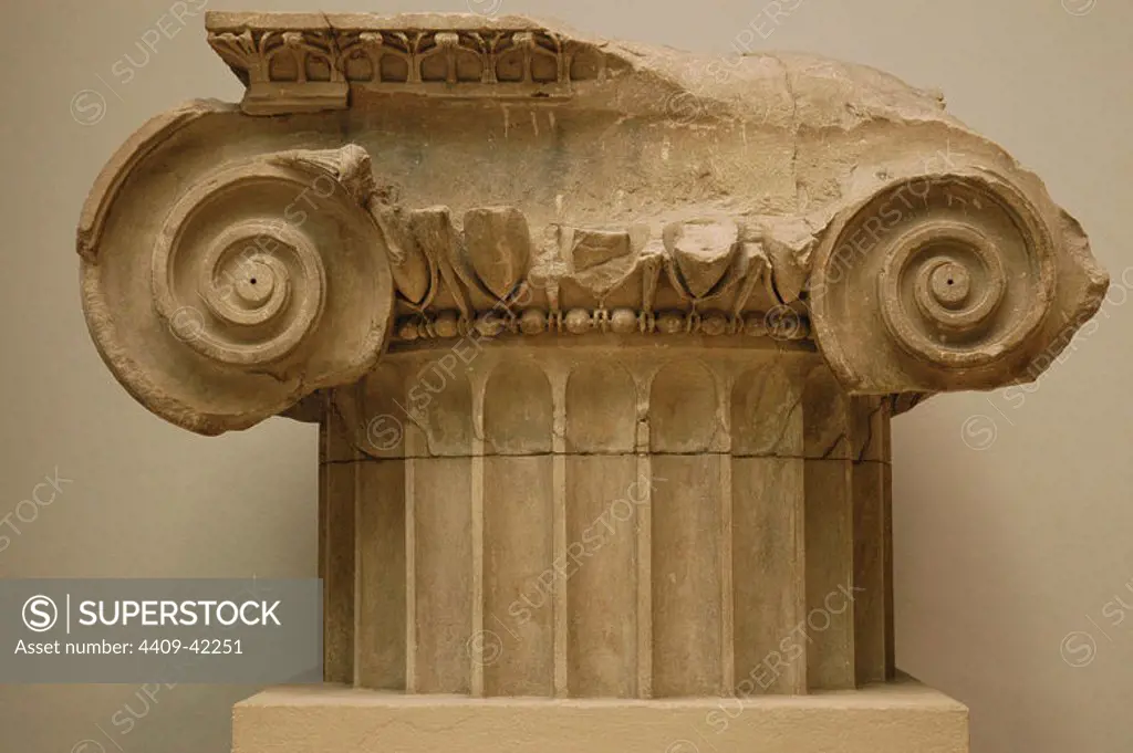 Temple of Artemis Leucophryene. Late 3rd-early 2nd centuries BC. Built by Hermogenes at Magnesia on the Maeander. Ionic capital. Pergamon Museum. Berlin. Germany.